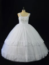 Dazzling White A-line Straps Sleeveless Tulle Floor Length Lace Up Beading and Appliques Quince Ball Gowns