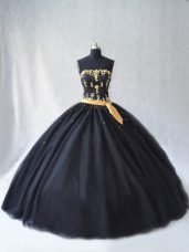 High Class Strapless Sleeveless Lace Up Sweet 16 Dress Black Tulle