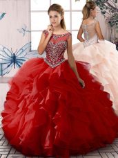 Fancy Red Sleeveless Floor Length Beading and Ruffles Zipper Quince Ball Gowns