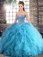 Stylish Sleeveless Lace Up Floor Length Beading and Ruffles Vestidos de Quinceanera