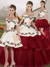Wine Red Ball Gowns Tulle Off The Shoulder Sleeveless Embroidery and Ruffled Layers Lace Up 15th Birthday Dress Brush Train