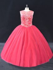 Hot Sale Coral Red Quinceanera Gowns Sweet 16 and Quinceanera with Beading Scoop Long Sleeves Lace Up