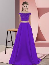 Perfect Purple Prom Evening Gown Off The Shoulder Sleeveless Sweep Train Backless