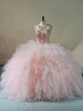 Custom Fit Tulle Sleeveless 15th Birthday Dress Brush Train and Beading and Ruffles