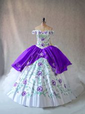 White And Purple Sleeveless Embroidery and Ruffles Floor Length 15 Quinceanera Dress
