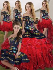 Fine Off The Shoulder Sleeveless Organza Sweet 16 Quinceanera Dress Embroidery and Ruffles Lace Up