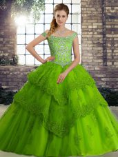 Green Tulle Lace Up Off The Shoulder Sleeveless Quince Ball Gowns Brush Train Beading and Lace
