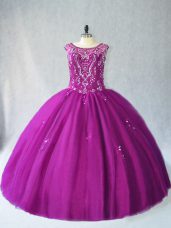 Sophisticated Tulle Scoop Sleeveless Lace Up Beading Ball Gown Prom Dress in Purple