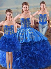 Floor Length Royal Blue Sweet 16 Quinceanera Dress Fabric With Rolling Flowers Sleeveless Embroidery and Ruffles