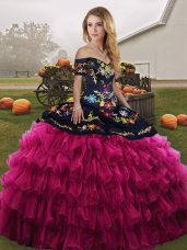 Fancy Embroidery and Ruffled Layers Sweet 16 Quinceanera Dress Fuchsia Lace Up Sleeveless Floor Length