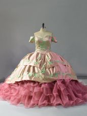 Pink Ball Gowns Embroidery and Ruffles Quinceanera Dresses Lace Up Organza Sleeveless Floor Length