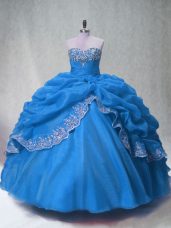 Designer Blue Sleeveless Floor Length Beading and Appliques and Pick Ups Lace Up Quinceanera Gown
