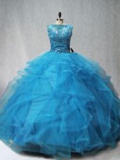 Aqua Blue Ball Gown Prom Dress Sweet 16 and Quinceanera with Beading and Ruffles Scoop Sleeveless Brush Train Lace Up