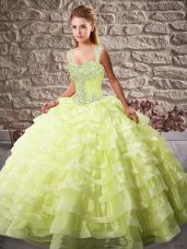 Straps Sleeveless Court Train Lace Up Ball Gown Prom Dress Yellow Green Organza
