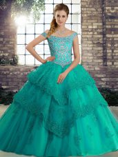 Colorful Off The Shoulder Sleeveless Tulle Sweet 16 Dresses Beading and Lace Brush Train Lace Up