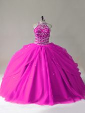 Clearance Halter Top Sleeveless Lace Up Sweet 16 Dress Fuchsia Tulle