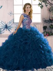 Pretty Scoop Sleeveless Lace Up Quinceanera Gowns Royal Blue Organza