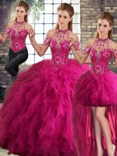 Fantastic Fuchsia Lace Up Sweet 16 Quinceanera Dress Beading and Ruffles Sleeveless Floor Length