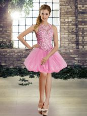 Rose Pink Tulle Lace Up Celebrity Inspired Dress Sleeveless Mini Length Beading