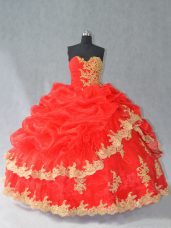 Floor Length Red Ball Gown Prom Dress Organza Sleeveless Lace and Appliques and Pick Ups