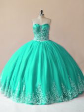 Free and Easy Tulle Sweetheart Sleeveless Lace Up Embroidery Quince Ball Gowns in Turquoise