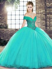 Elegant Beading 15 Quinceanera Dress Turquoise Lace Up Sleeveless Brush Train