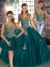 Sweet Beading and Appliques Quinceanera Gowns Peacock Green Lace Up Sleeveless Floor Length