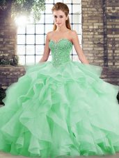 Green Ball Gowns Beading and Ruffles Ball Gown Prom Dress Lace Up Tulle Sleeveless