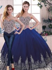 Royal Blue Lace Up Quinceanera Gown Beading and Embroidery Sleeveless Floor Length