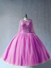 Long Sleeves Floor Length Beading Lace Up Sweet 16 Quinceanera Dress with Lilac