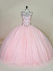 Super Baby Pink Sleeveless Beading Lace Up Quinceanera Gowns