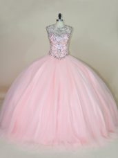 Super Baby Pink Sleeveless Beading Lace Up Quinceanera Gowns