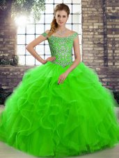 Green Tulle Lace Up Off The Shoulder Sleeveless Quinceanera Dresses Brush Train Beading and Ruffles