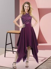 Admirable Dark Purple High-neck Zipper Beading and Sequins Prom Gown Sleeveless