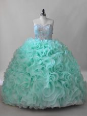 Apple Green Sleeveless Fabric With Rolling Flowers Brush Train Lace Up Sweet 16 Dress for Sweet 16 and Quinceanera