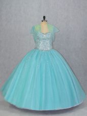 Aqua Blue Lace Up Sweet 16 Dresses Beading Sleeveless Floor Length