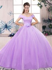 Floor Length Lace Up 15th Birthday Dress Lavender for Military Ball and Sweet 16 and Quinceanera with Lace and Hand Made Flower
