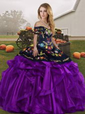 Off The Shoulder Sleeveless Quinceanera Gown Floor Length Embroidery and Ruffles Black And Purple Organza
