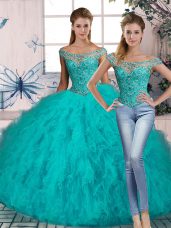 Sweet Tulle Sleeveless Vestidos de Quinceanera Brush Train and Beading and Ruffles