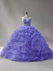 Adorable Lavender Sweet 16 Dress Organza Court Train Sleeveless Beading and Pick Ups