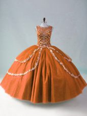 Customized Tulle Scoop Sleeveless Zipper Beading and Appliques Vestidos de Quinceanera in Rust Red