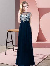 Decent Navy Blue Chiffon Backless Homecoming Dress Sleeveless Floor Length Beading