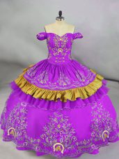 Modest Purple Off The Shoulder Neckline Embroidery Sweet 16 Quinceanera Dress Sleeveless Lace Up