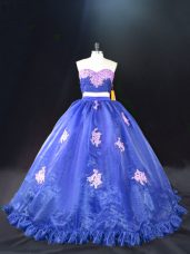 Glorious Organza Sweetheart Sleeveless Brush Train Zipper Appliques Vestidos de Quinceanera in Blue