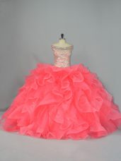 Wonderful Watermelon Red Ball Gowns Off The Shoulder Sleeveless Organza Lace Up Beading and Ruffles 15 Quinceanera Dress