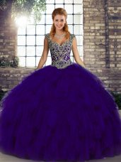 Artistic Straps Sleeveless Ball Gown Prom Dress Floor Length Beading and Ruffles Purple Organza