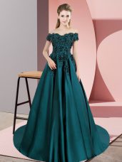 Custom Designed Teal Satin Zipper Sweet 16 Dresses Sleeveless Floor Length Court Train Lace