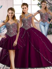 Sweetheart Cap Sleeves Quinceanera Dresses Brush Train Beading Purple Tulle