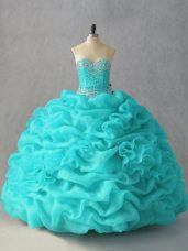 Low Price Sweetheart Sleeveless Quinceanera Dresses Floor Length Beading and Pick Ups and Hand Made Flower Aqua Blue Organza