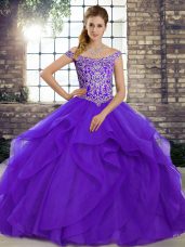 Sophisticated Sleeveless Tulle Brush Train Lace Up 15th Birthday Dress in Purple with Beading and Ruffles